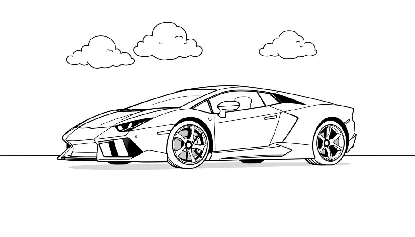A black and white line drawing of a sleek sports car, ready for a color panel.