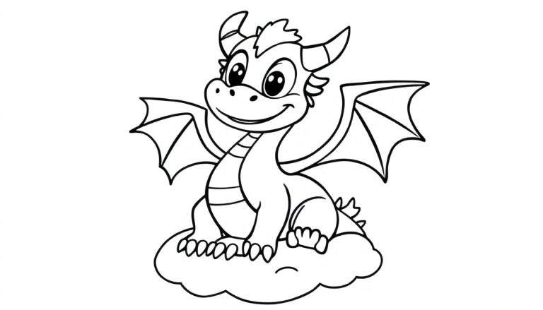 A cute dragon ready for coloring, a black and white color panel illustration.