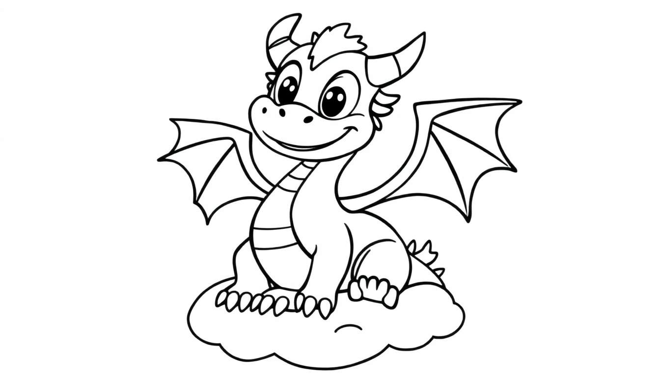 A cute dragon ready for coloring, a black and white color panel illustration.