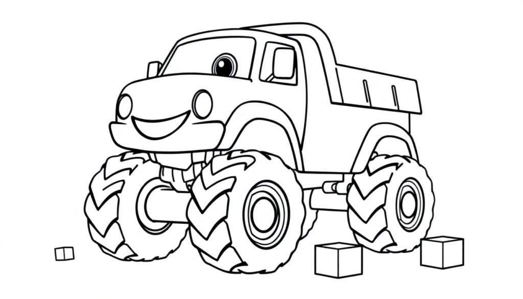 A friendly monster truck coloring panel with big wheels and a smiley face.