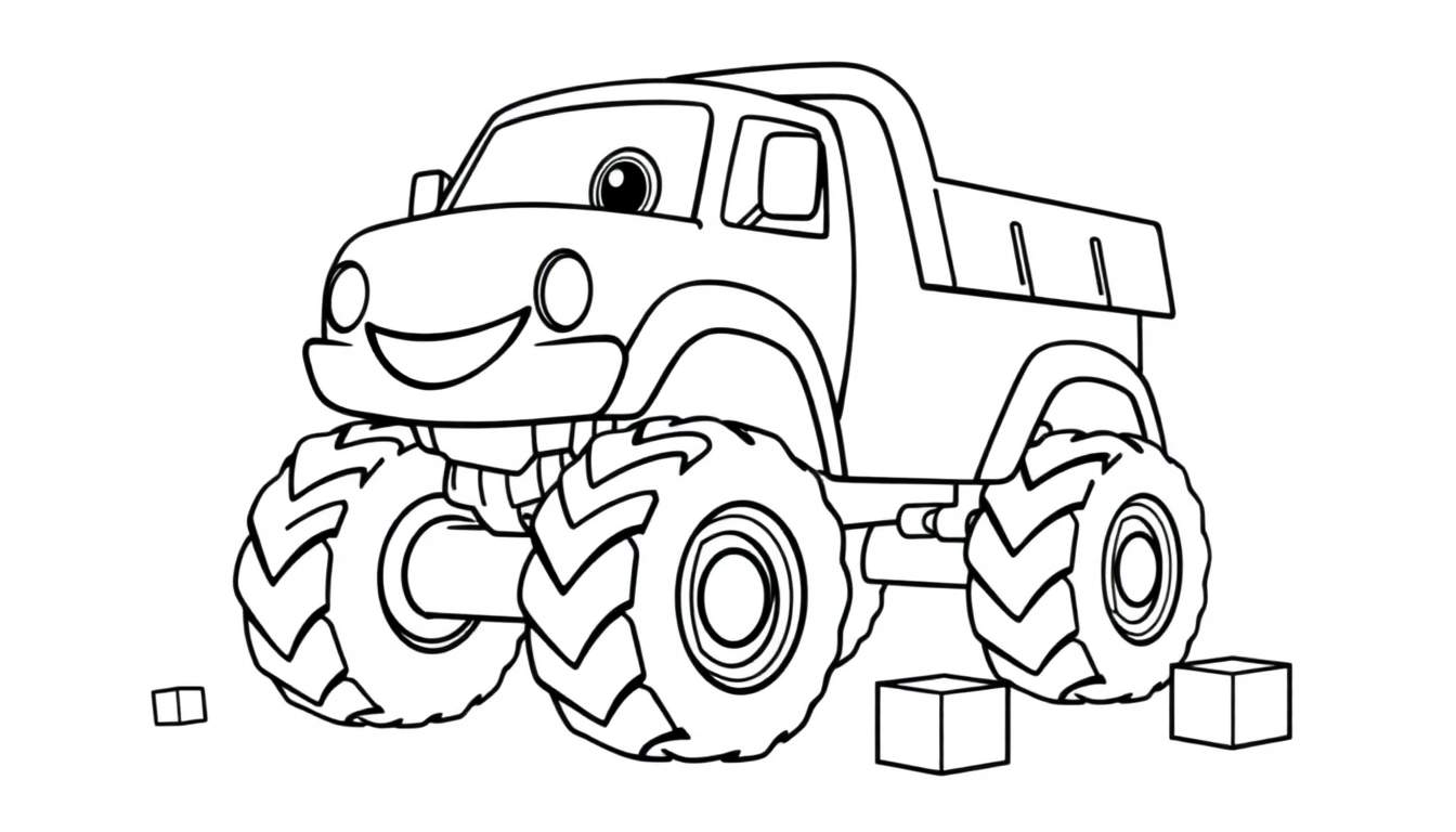 A friendly monster truck coloring panel with big wheels and a smiley face.