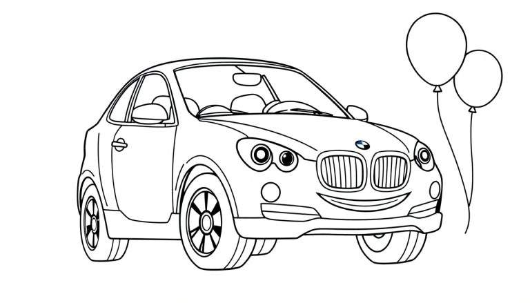 A black and white coloring panel of a smiling BMW car with balloons.