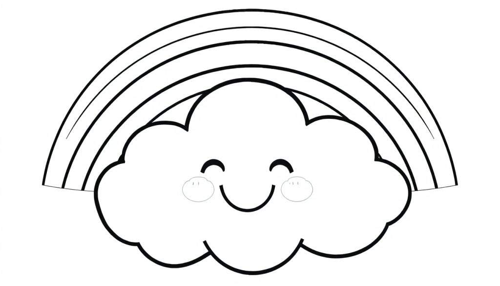 A smiling cartoon cloud with a rainbow, a black and white color panel.