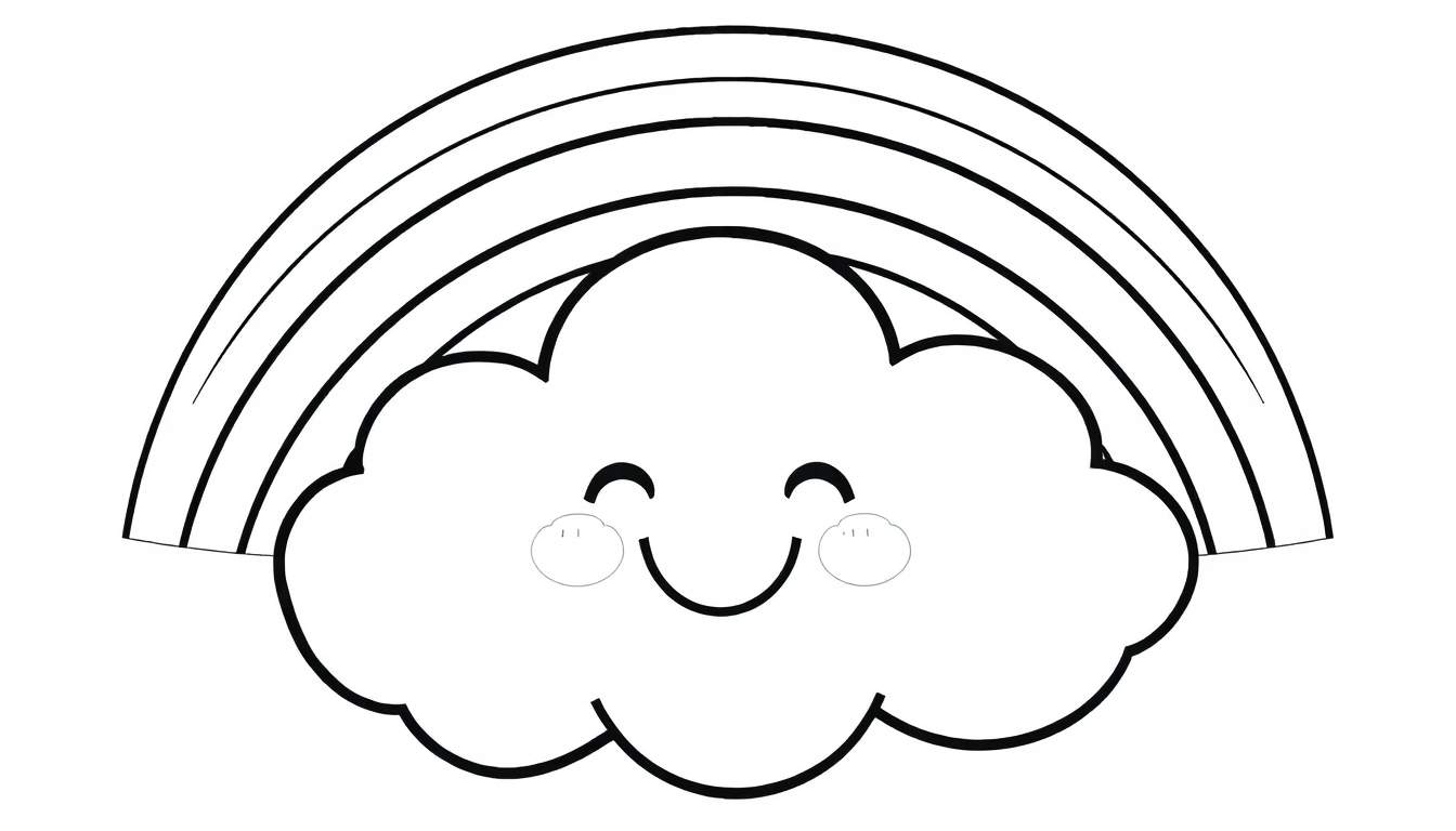 A smiling cartoon cloud with a rainbow, a black and white color panel.