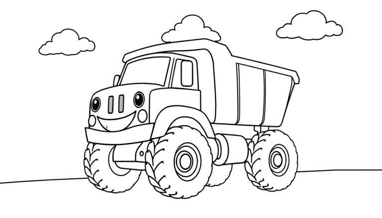 A cheerful black and white dump truck with big tires, ready for coloring in this fun color panel.
