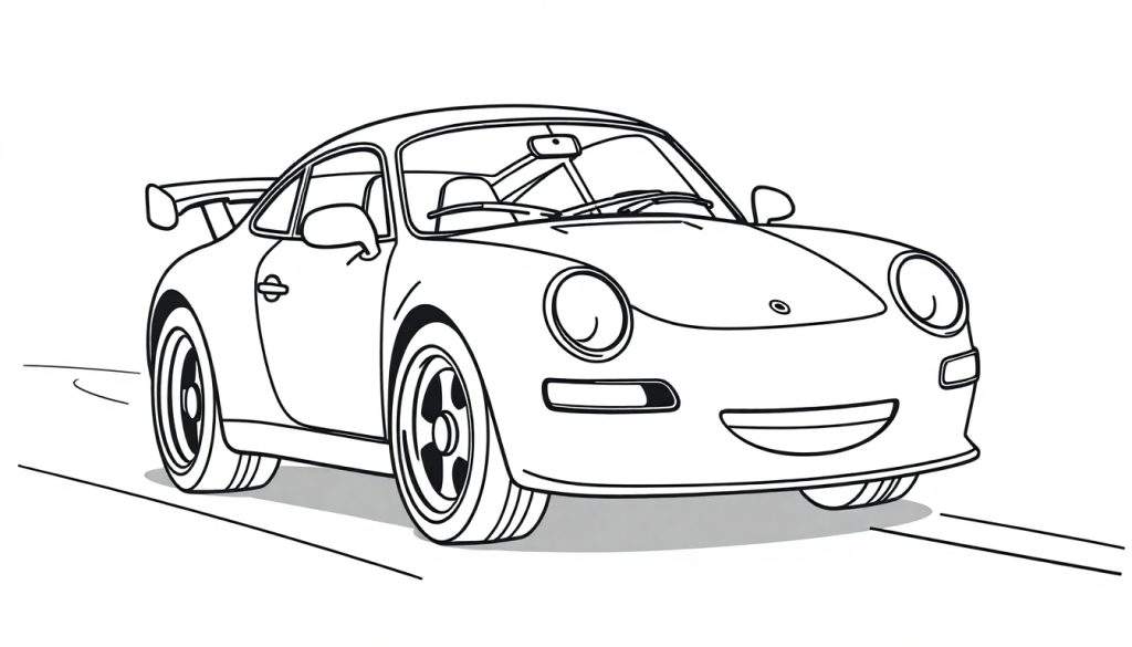 A smiling Porsche 911 race car, ready for a coloring adventure! Bold outlines, perfect for kids. This is a color panel.
