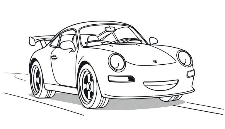 A smiling Porsche 911 race car, ready for a coloring adventure! Bold outlines, perfect for kids. This is a color panel.