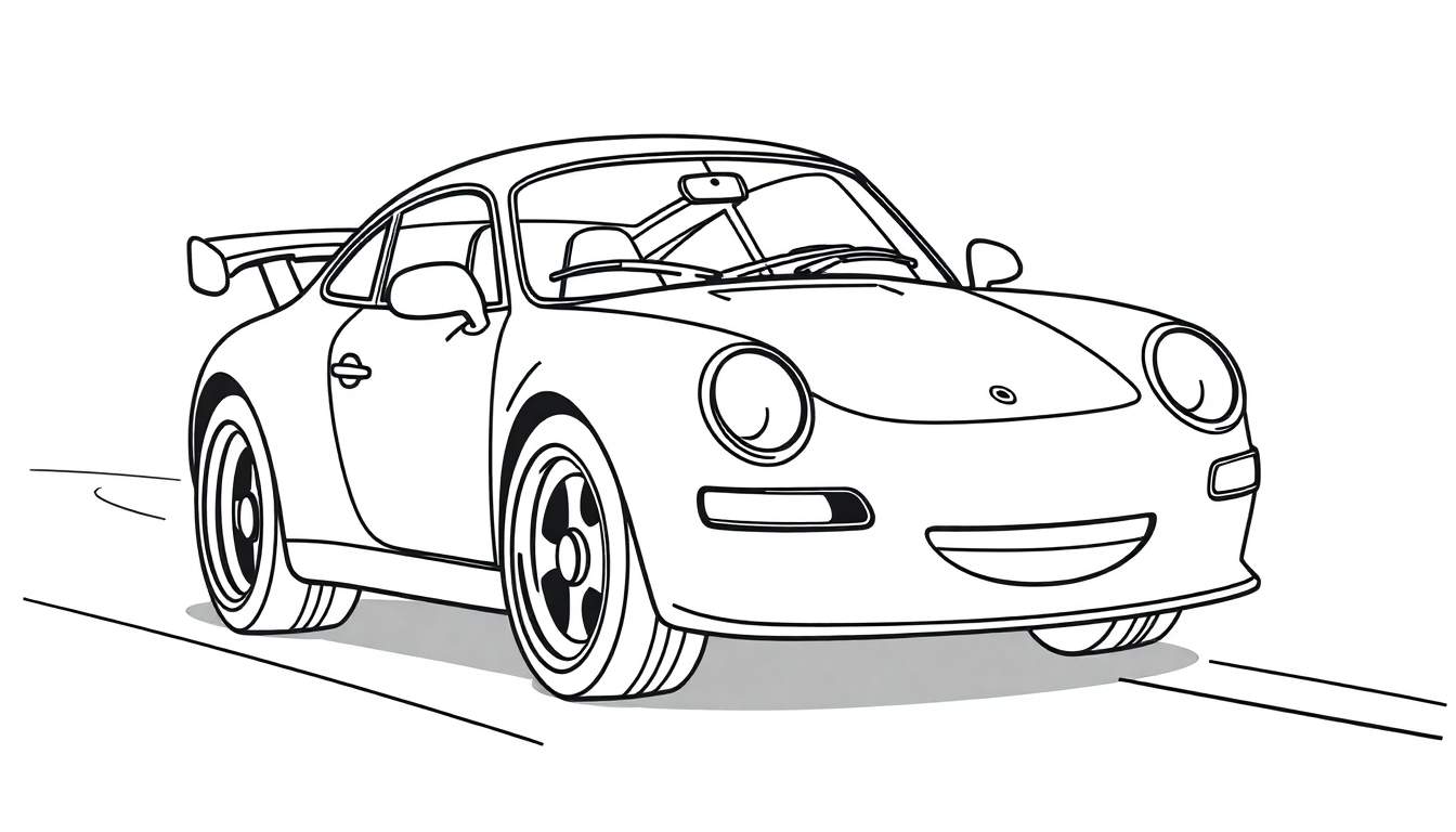 A smiling Porsche 911 race car, ready for a coloring adventure! Bold outlines, perfect for kids. This is a color panel.