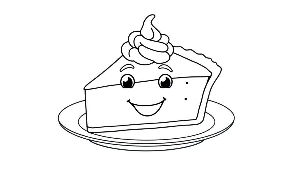 A cute smiling pumpkin pie with a face, in black and white line art, ready for coloring, part of a color panel.