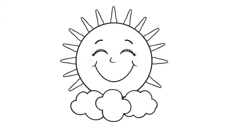 A happy sun peeking from behind clouds, a fun color panel for kids.