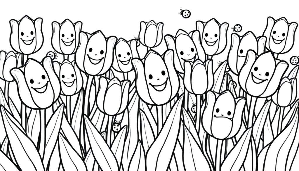 A cute black and white coloring page, a cheerful color panel of smiling cartoon tulips and ladybugs.