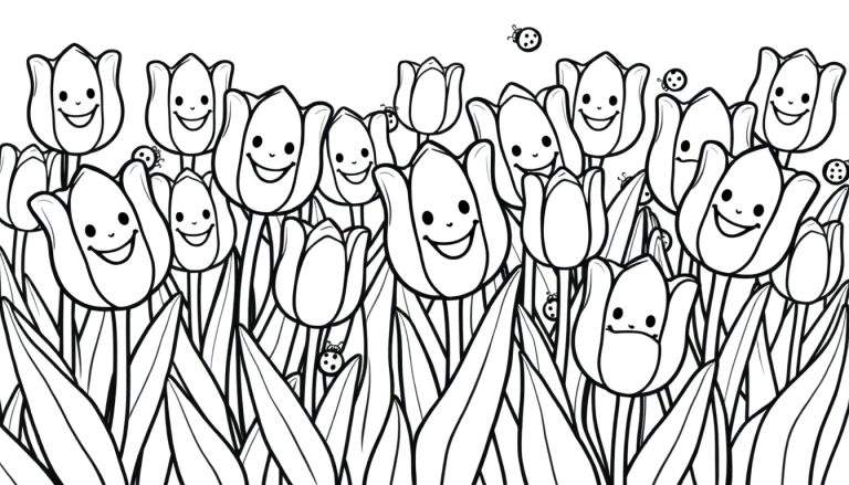 A cute black and white coloring page, a cheerful color panel of smiling cartoon tulips and ladybugs.