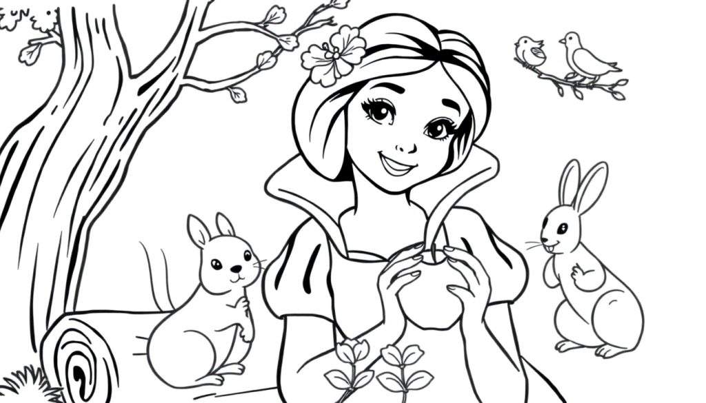 Snow White in a black and white color panel, holding a red apple and smiling at friendly forest animals.