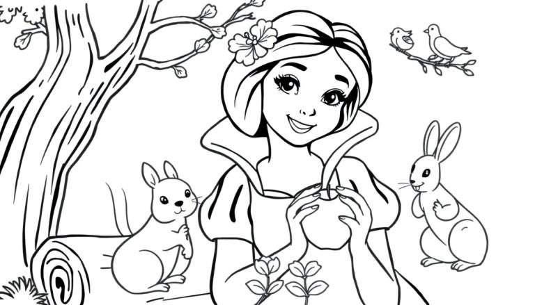 Snow White in a black and white color panel, holding a red apple and smiling at friendly forest animals.