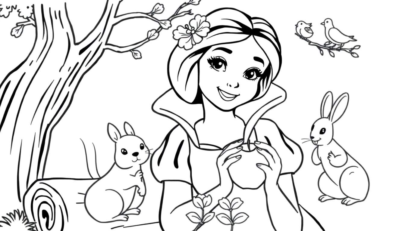 Snow White in a black and white color panel, holding a red apple and smiling at friendly forest animals.
