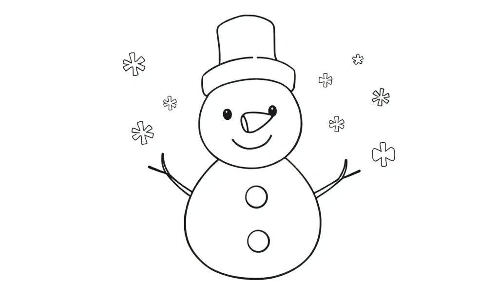 A cute snowman coloring panel with a hat and snowflakes.