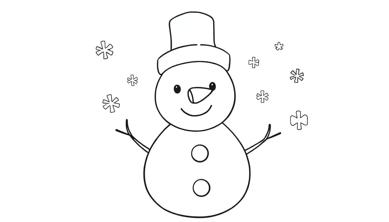 A cute snowman coloring panel with a hat and snowflakes.
