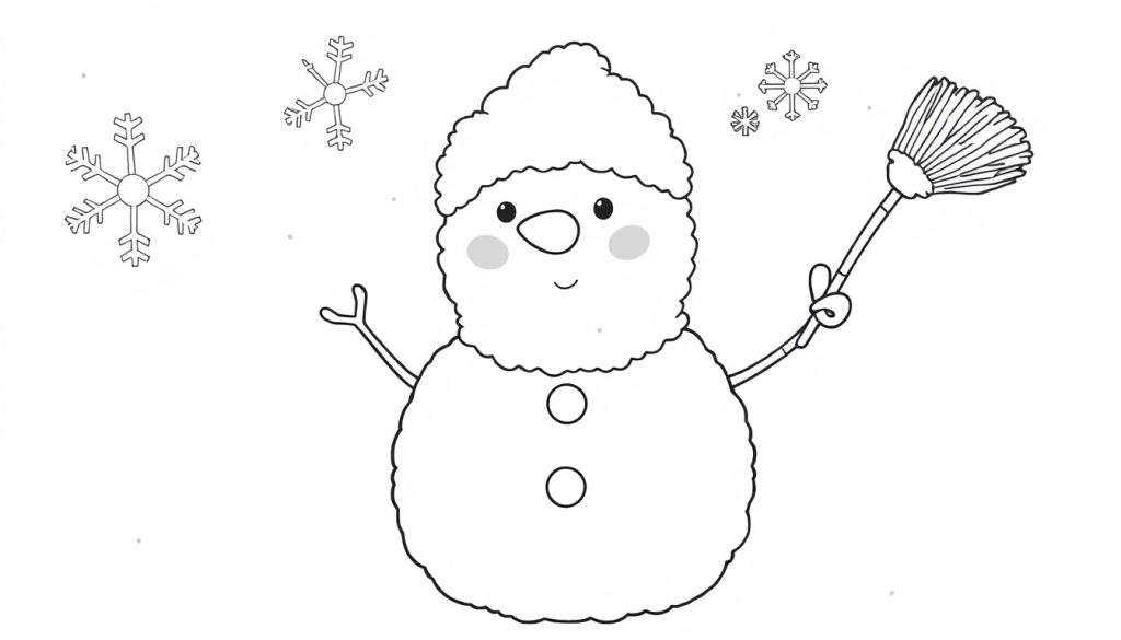 A black and white cartoon snowman with a broom, ready for a color panel adventure.