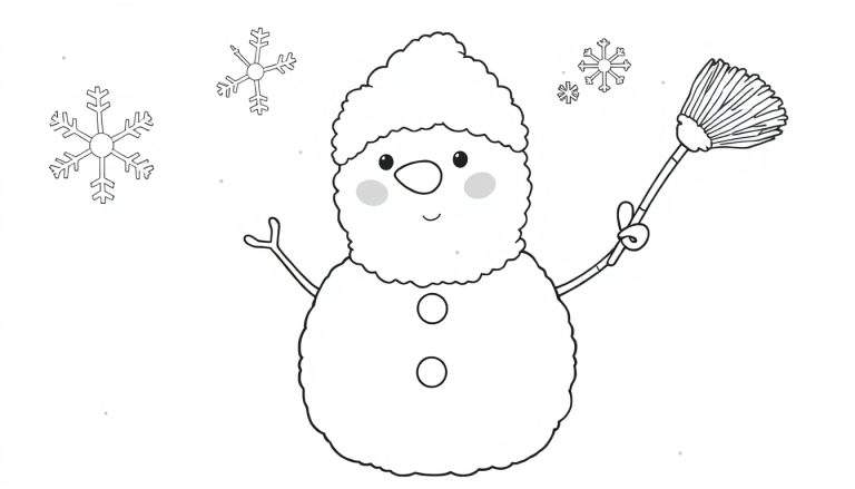 A black and white cartoon snowman with a broom, ready for a color panel adventure.