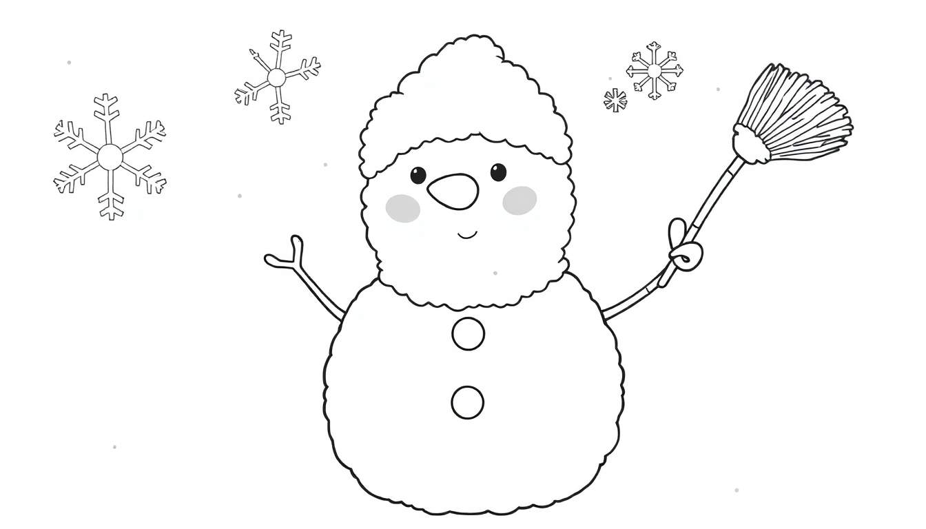 A black and white cartoon snowman with a broom, ready for a color panel adventure.