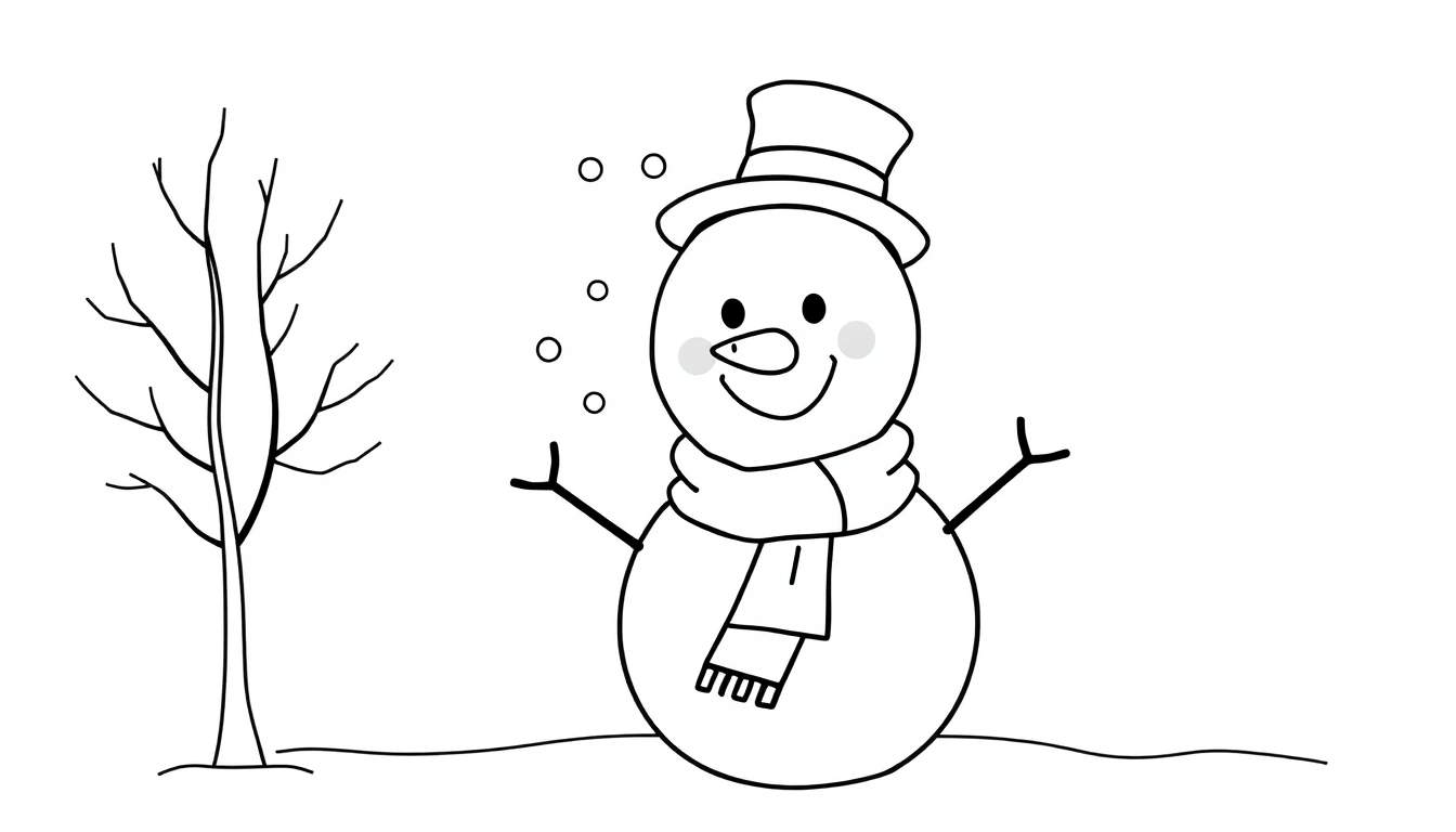 A cute black and white cartoon snowman coloring page with a hat and scarf, surrounded by snowflakes and a bare tree. This is a fun color panel for kids.