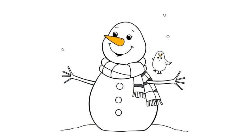 A cheerful black and white illustration of a snowman with a bird on its arm, ready for coloring. This color panel features a smiling snowman with a carrot nose and striped scarf, standing on a snowy mound with snowflakes in the air.