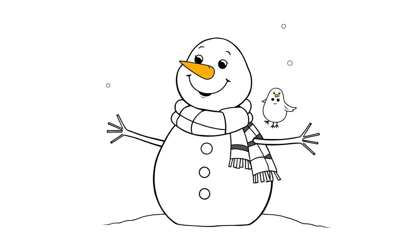 A cheerful black and white illustration of a snowman with a bird on its arm, ready for coloring. This color panel features a smiling snowman with a carrot nose and striped scarf, standing on a snowy mound with snowflakes in the air.