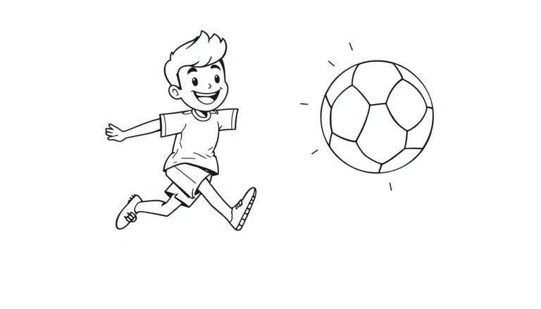 A black and white cartoon of a boy joyfully kicking a soccer ball, presented as a color panel.