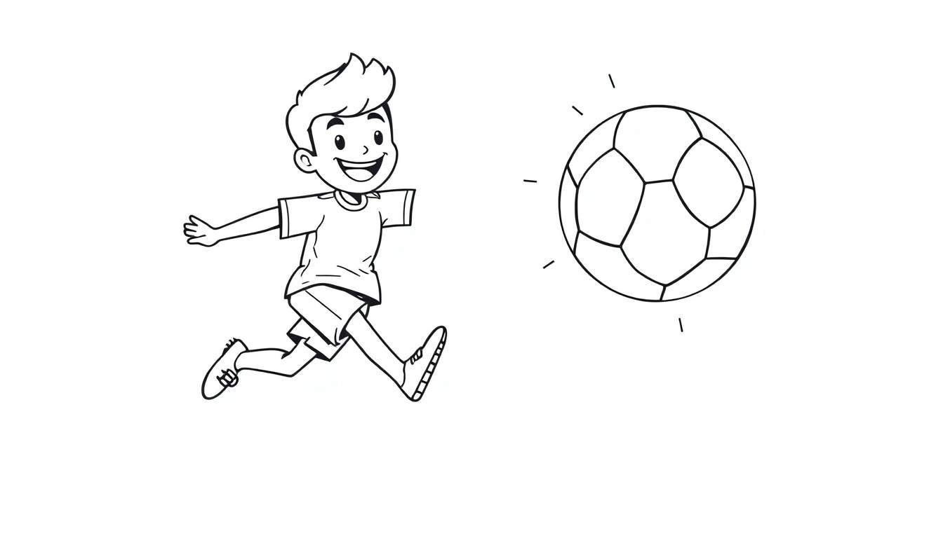 A black and white cartoon of a boy joyfully kicking a soccer ball, presented as a color panel.