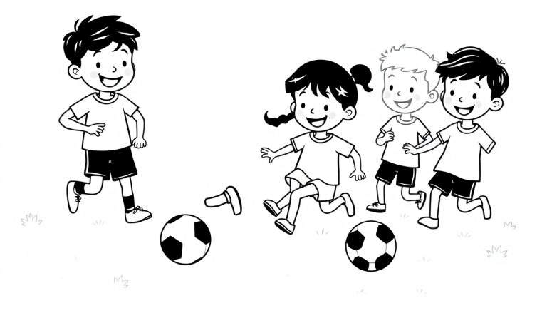 A black and white cartoon color panel of five happy children playing soccer.