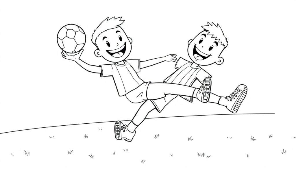 Two smiling boys playing soccer, ready for coloring with a color panel.