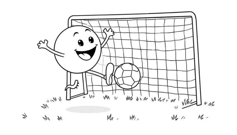 A happy black and white cartoon character celebrating a soccer goal, with the ball in the net. A coloring color panel.