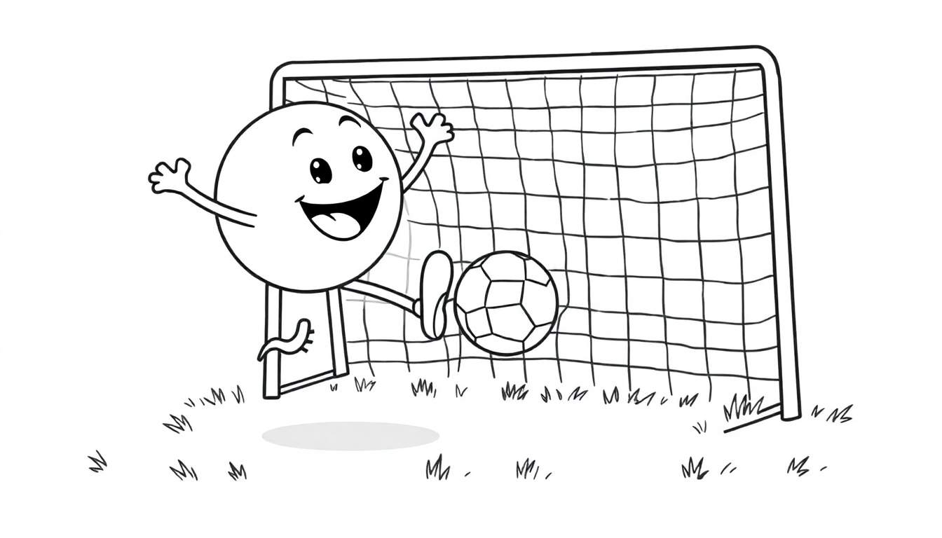 A happy black and white cartoon character celebrating a soccer goal, with the ball in the net. A coloring color panel.