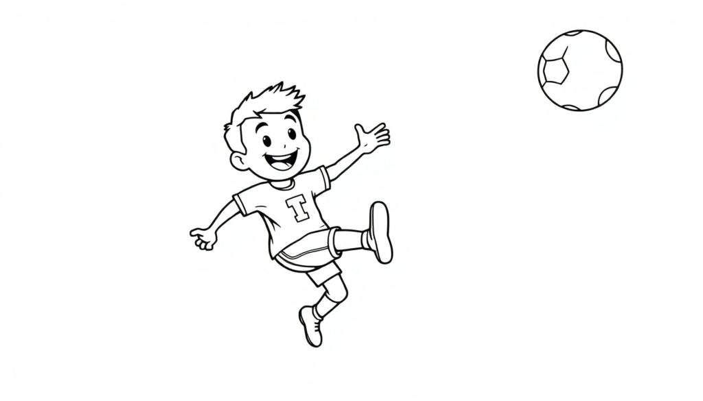 A happy boy playing soccer in a black and white color panel, mid-kick.