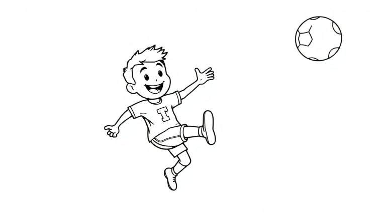 A happy boy playing soccer in a black and white color panel, mid-kick.