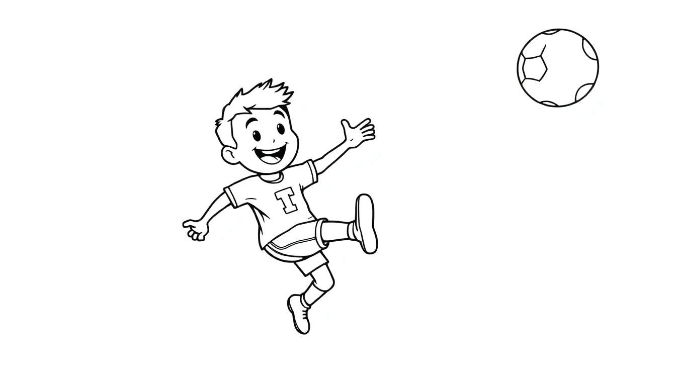 A happy boy playing soccer in a black and white color panel, mid-kick.