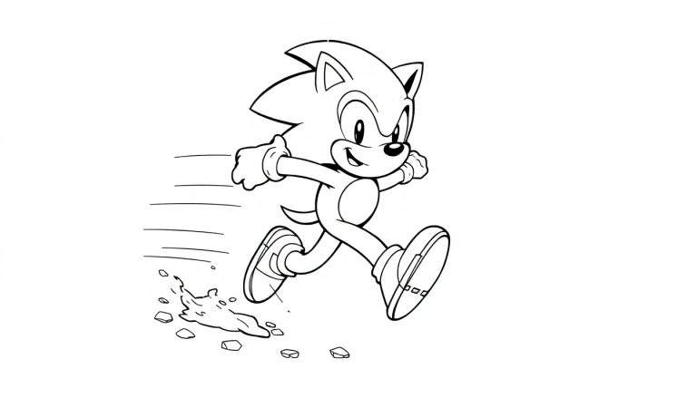 A cute black and white coloring panel of Sonic the Hedgehog running with speed lines.