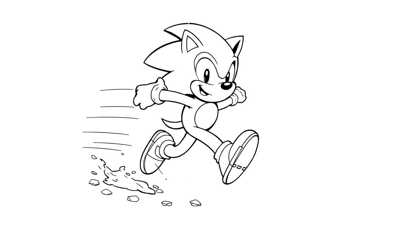 A cute black and white coloring panel of Sonic the Hedgehog running with speed lines.