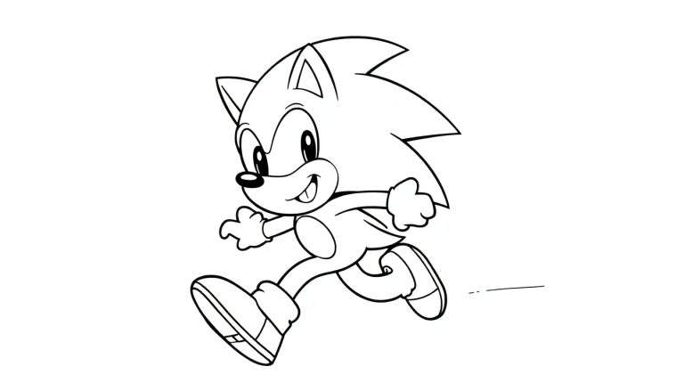 Sonic the Hedgehog running in a black and white color panel, smiling.