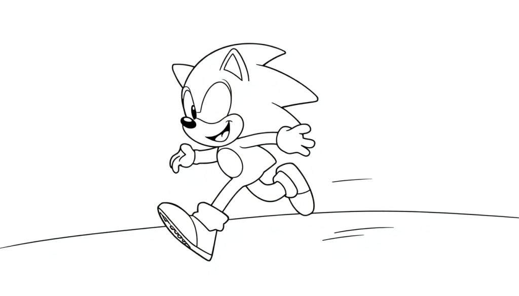 A black and white cartoon color panel of Sonic the Hedgehog running fast with a big smile.