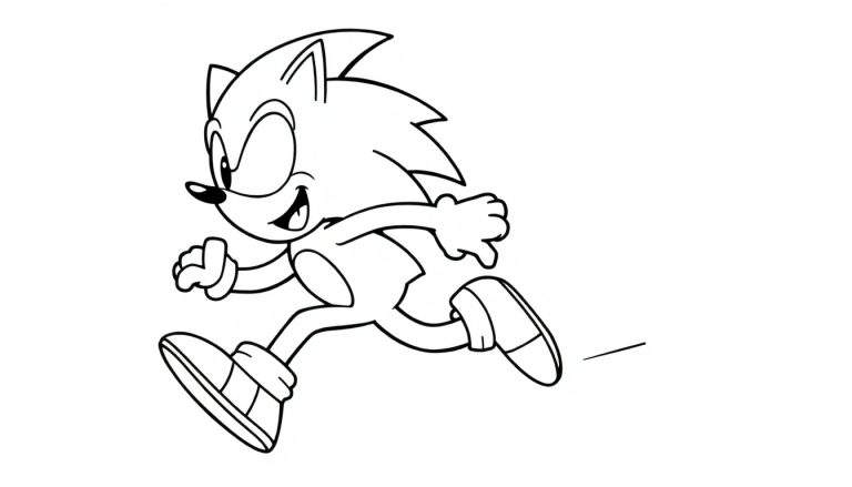 Sonic the Hedgehog running in a black and white outline for a color panel.