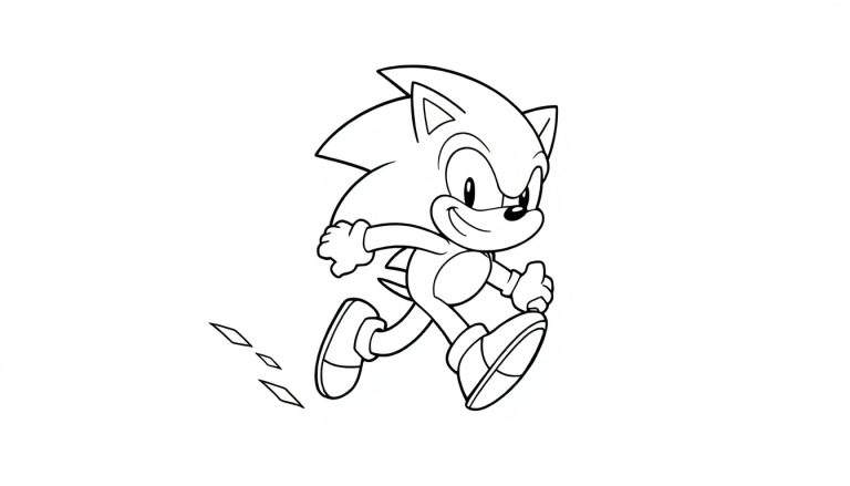 Sonic the Hedgehog running with speed lines, a black and white color panel for kids. Outline only.
