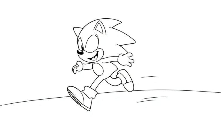 A black and white cartoon color panel of Sonic the Hedgehog running fast with a big smile.