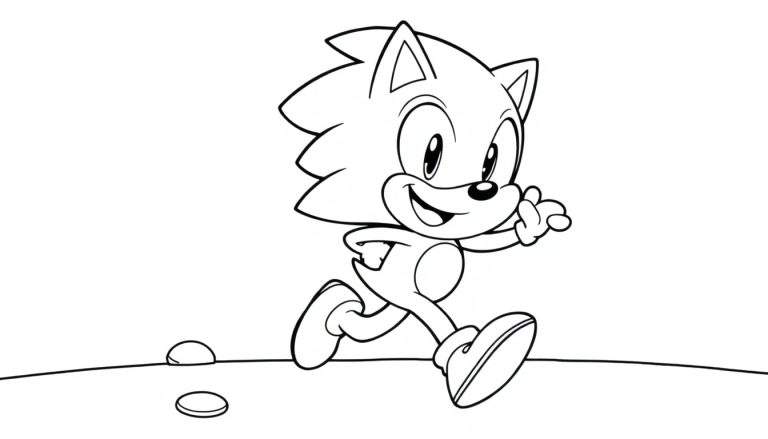 A cute black and white Sonic the Hedgehog in a color panel running with a big smile, perfect for a coloring page adventure.