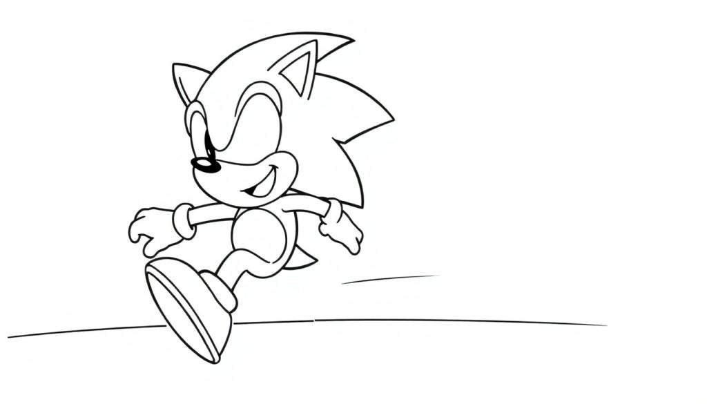 A black and white color panel drawing of Sonic the Hedgehog running with speed lines and a big smile.