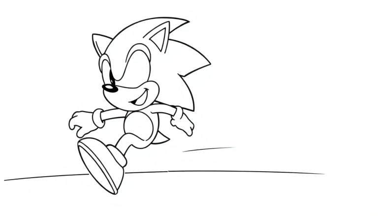 A black and white color panel drawing of Sonic the Hedgehog running with speed lines and a big smile.