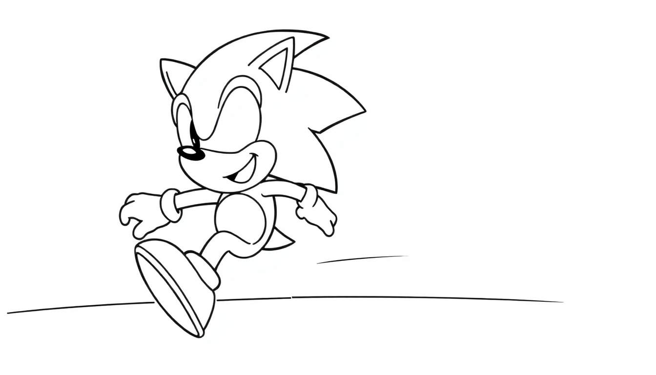 A black and white color panel drawing of Sonic the Hedgehog running with speed lines and a big smile.