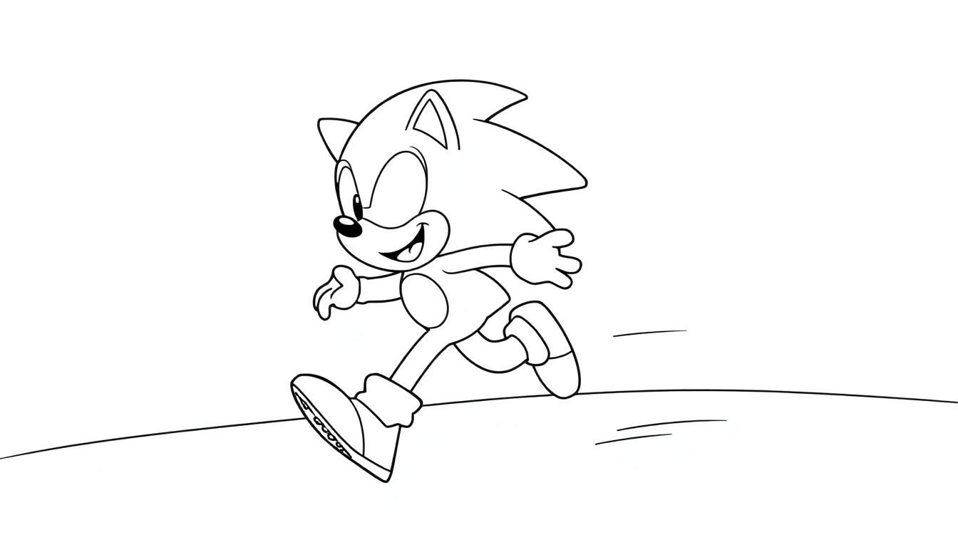 A black and white cartoon color panel of Sonic the Hedgehog running fast with a big smile.