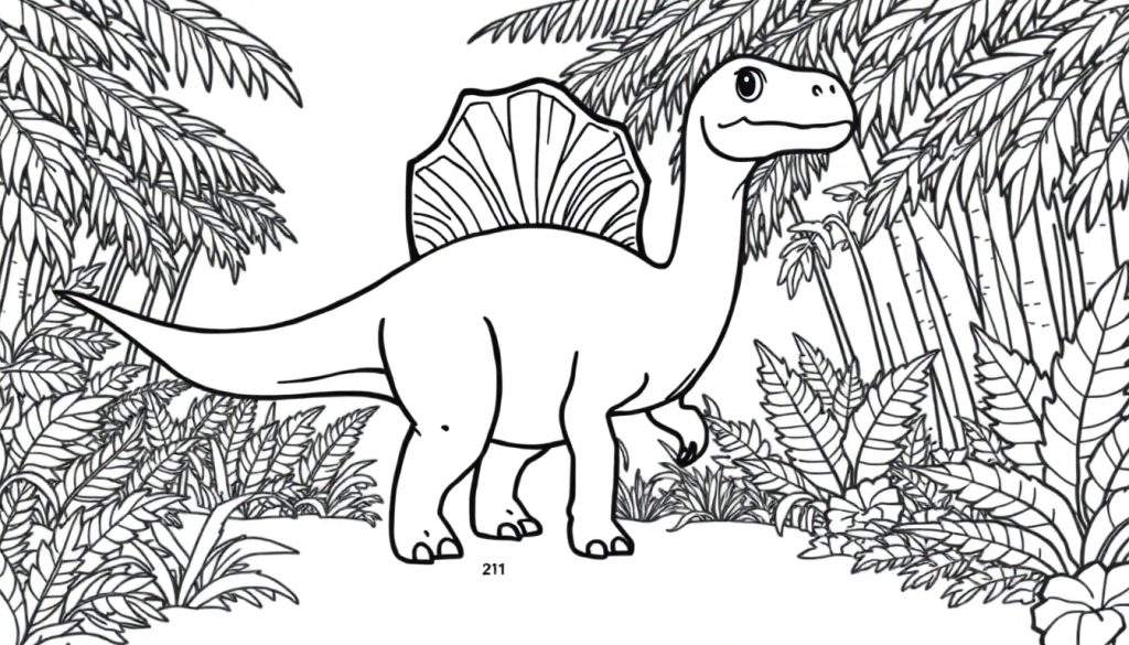 A cartoon Spinosaurus coloring page with a large sail, surrounded by jungle plants.