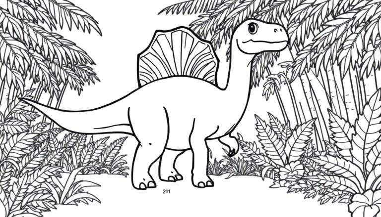 A cartoon Spinosaurus coloring page with a large sail, surrounded by jungle plants.
